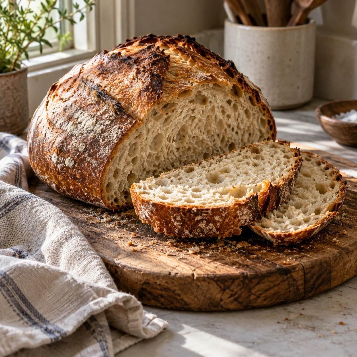 A sourdough loaf and two slices on a wooden board