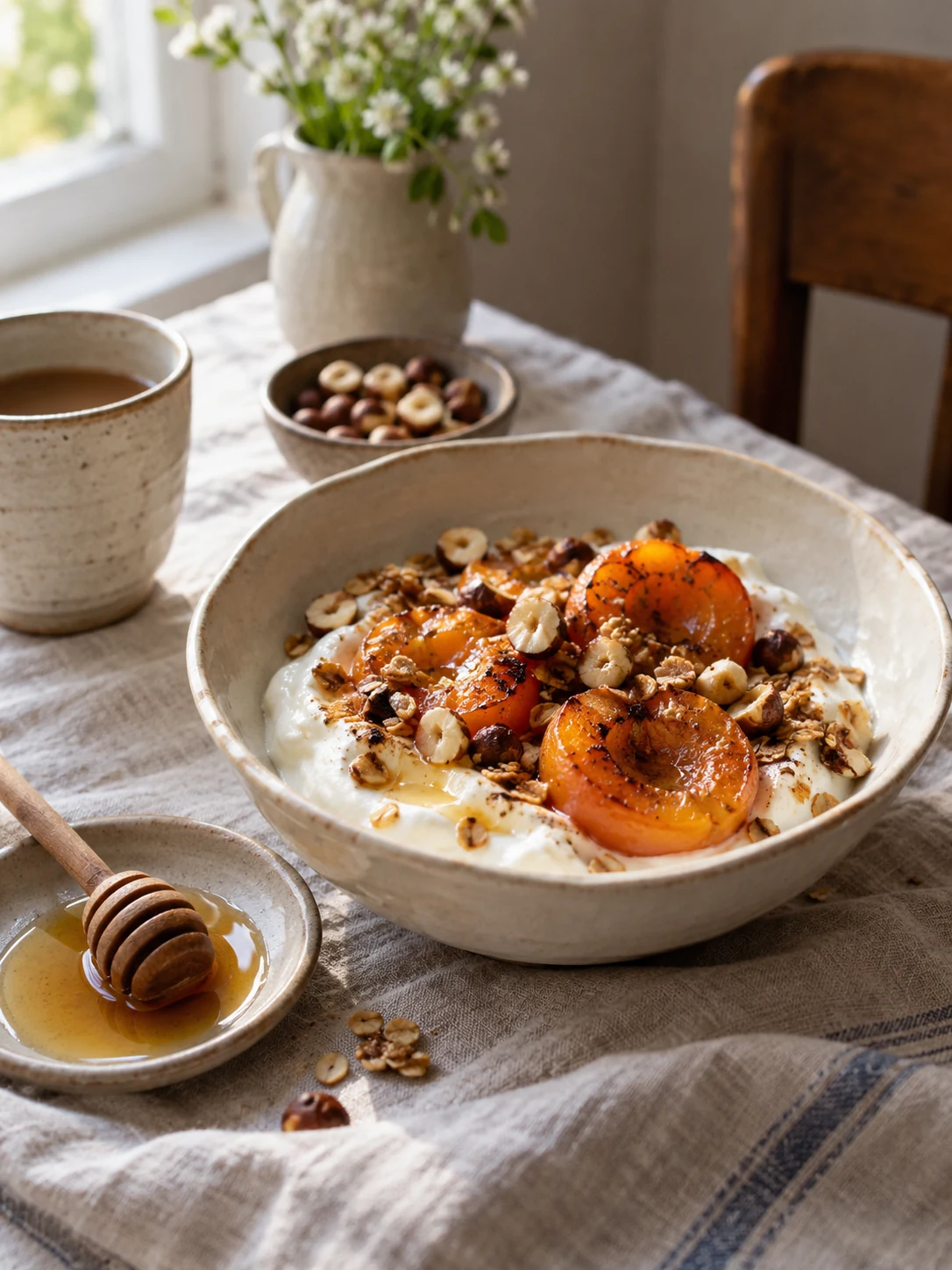 Yogurt with roasted apricots, toasted oats and hazelnuts