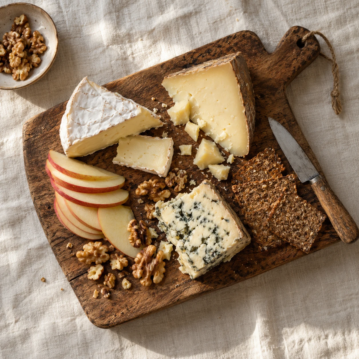 Three cheeses with apple slices, walnuts and rye crackers
