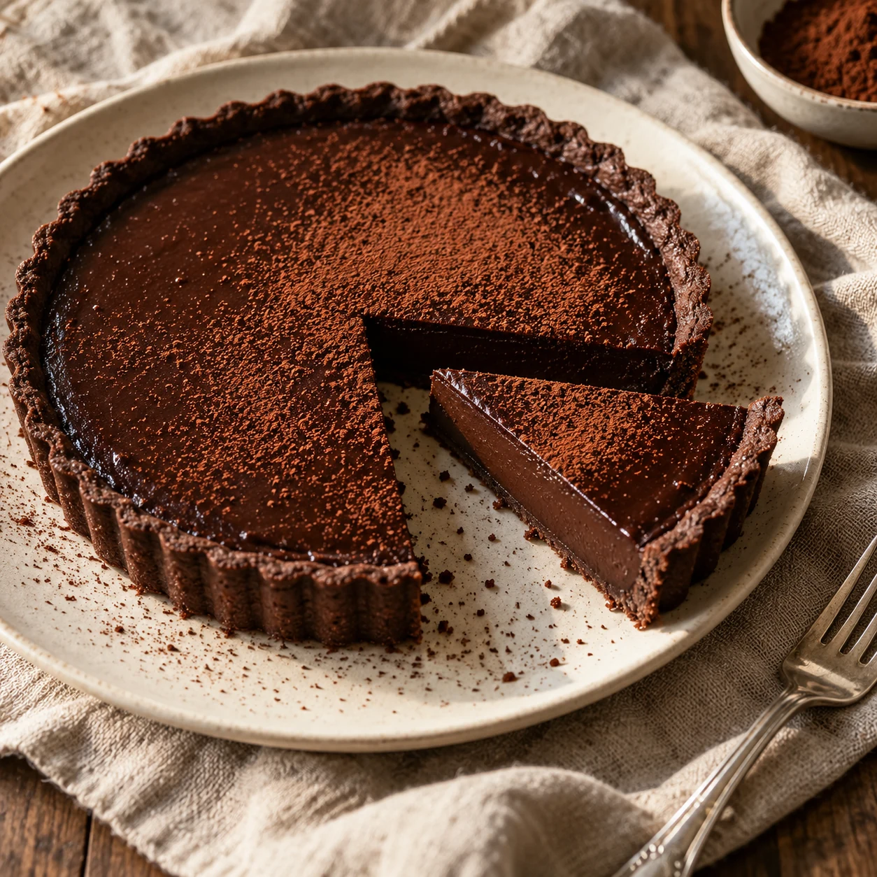 Dark chocolate tart with a slice removed on a cream ceramic plate