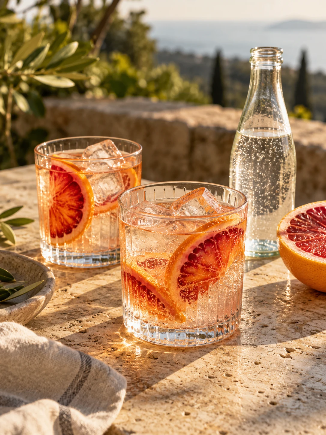 Citrus soda with ice and blood-orange slices in ribbed glasses