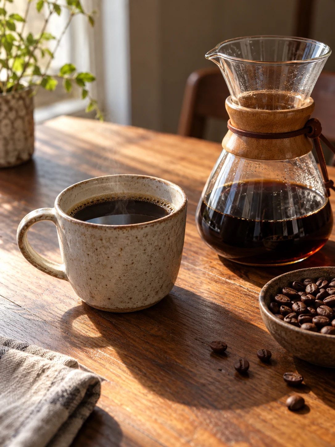 A cup of filter coffee beside a glass carafe and coffee beans
