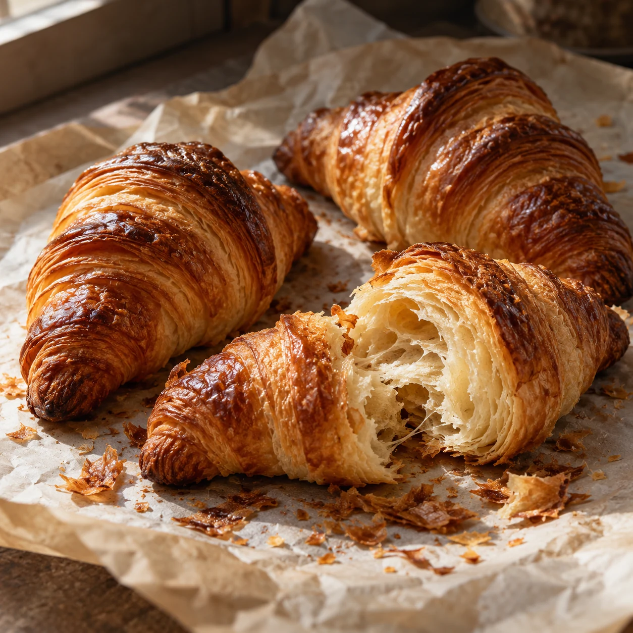 Golden croissants with one torn open to show the layers inside