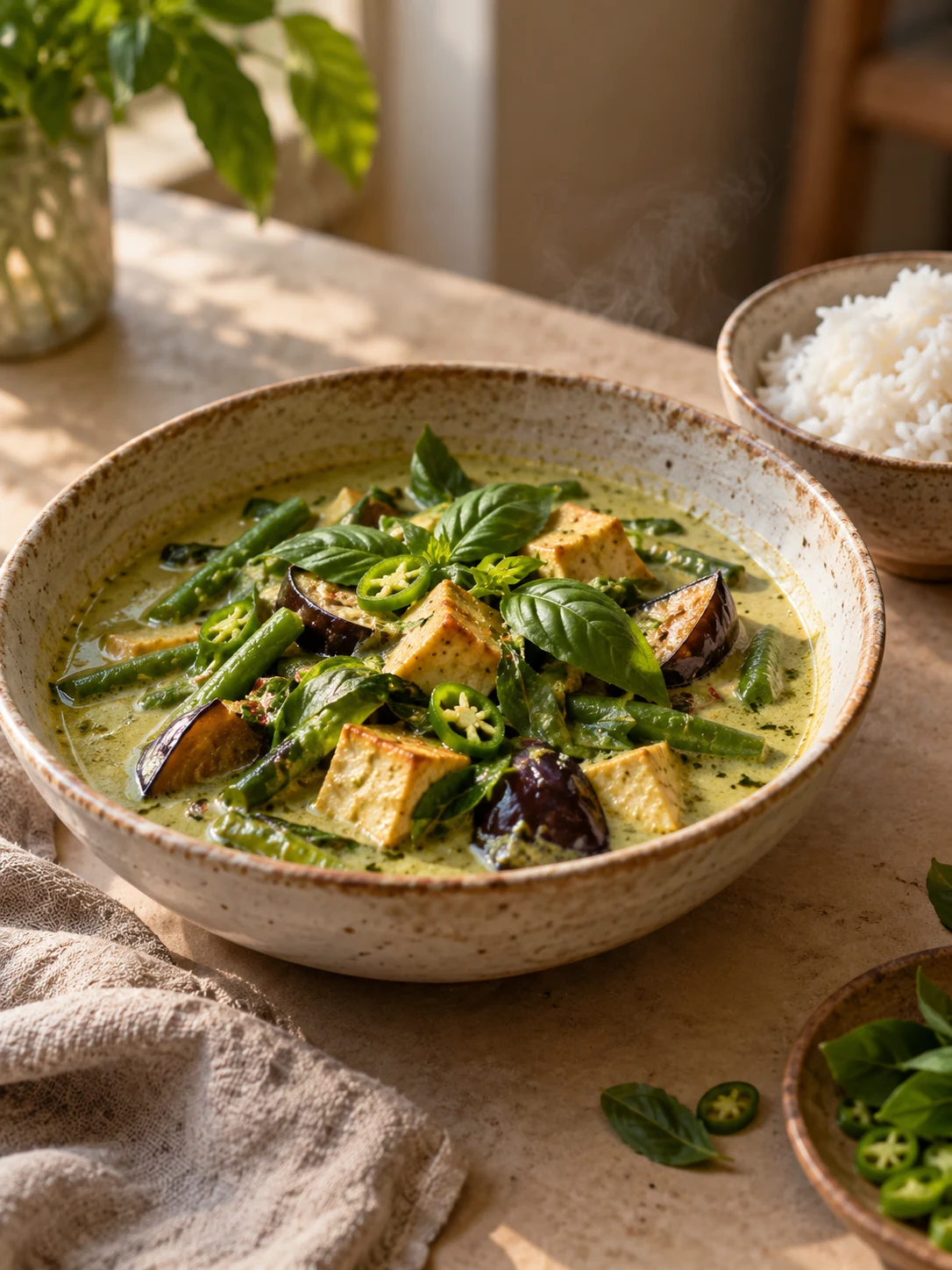 Green coconut curry with aubergine, beans, tofu and basil