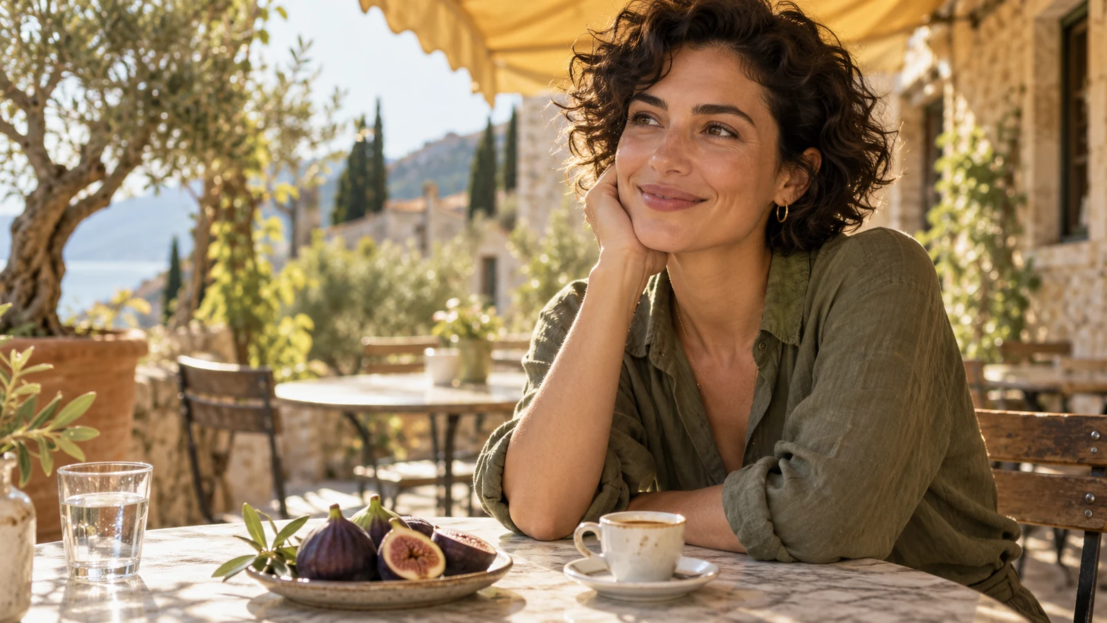 A woman at a sunny outdoor cafe table beneath a yellow awning