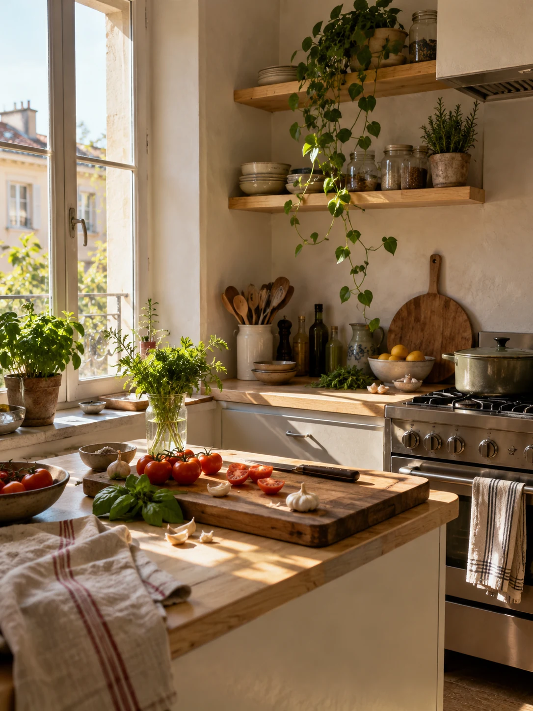 A small timber and plaster kitchen with open shelves and herbs
