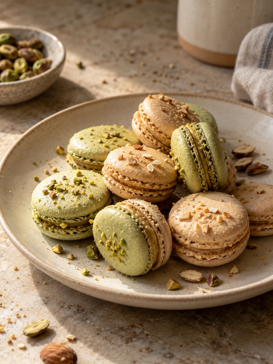 Pistachio and almond macarons on an ivory ceramic plate