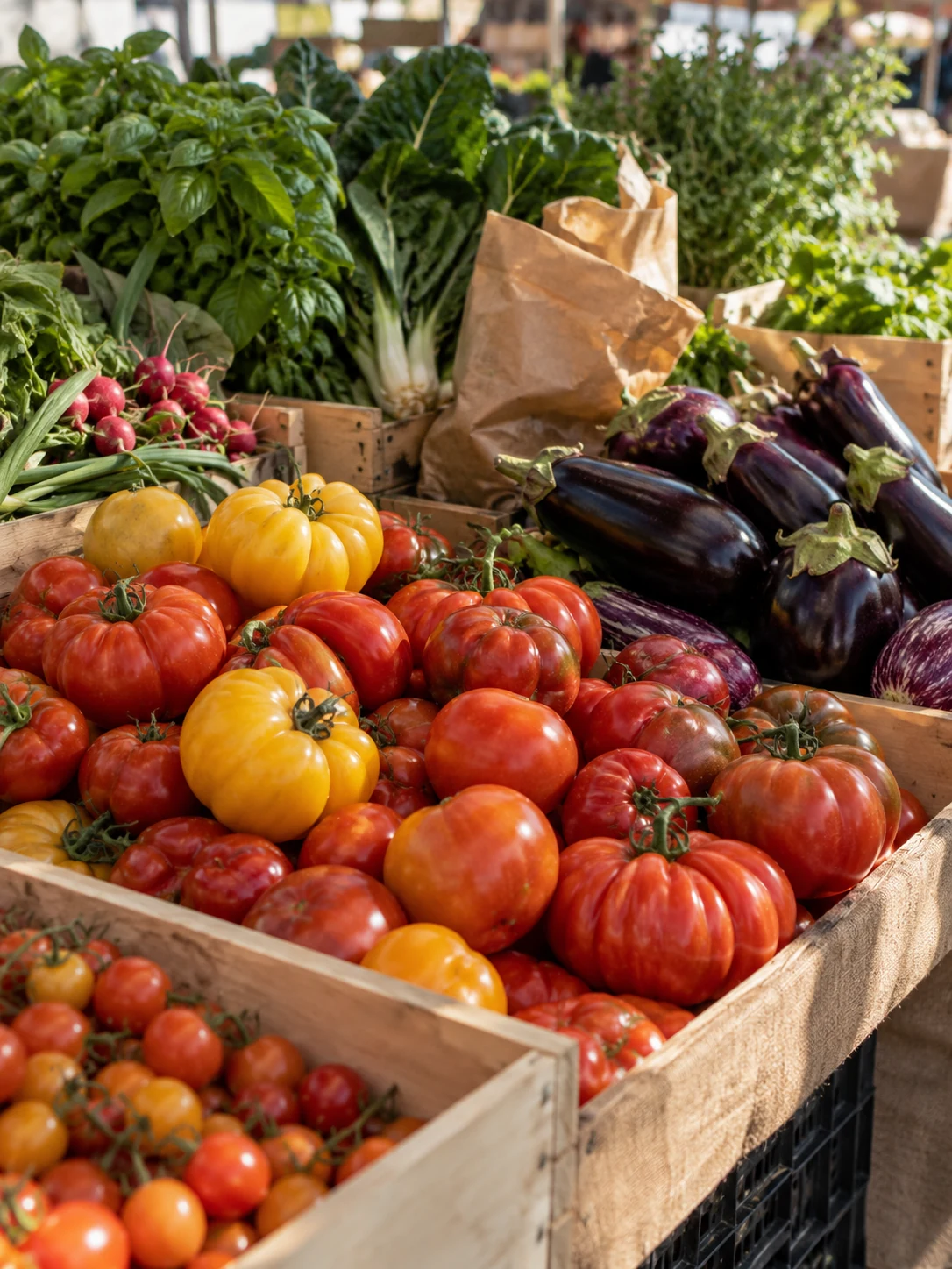 Tomatoes, aubergines and leafy greens at a market stall