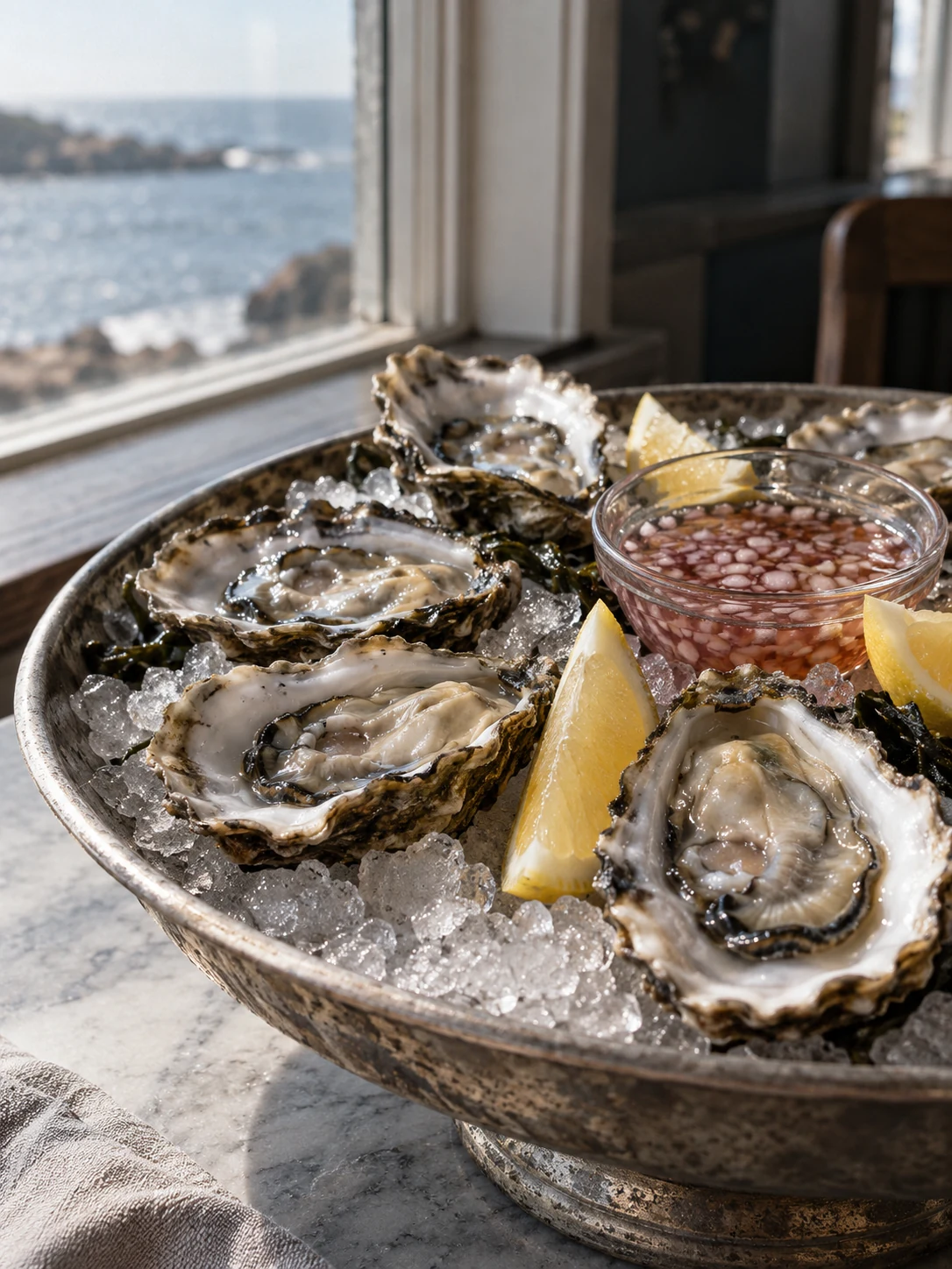 Oysters on crushed ice with lemon and shallot dressing