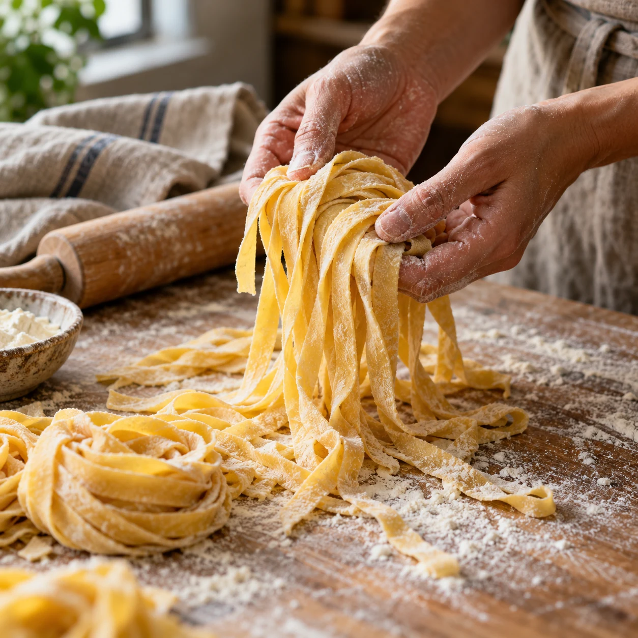 Hands lifting fresh tagliatelle above a flour-dusted wooden worktop