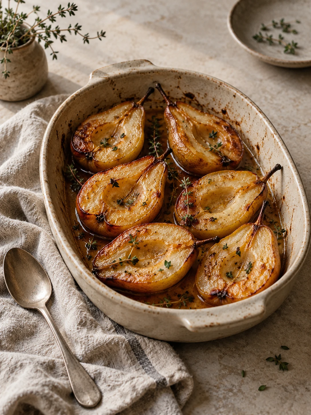 Roasted pear halves with golden edges and thyme in a cream ceramic baking dish