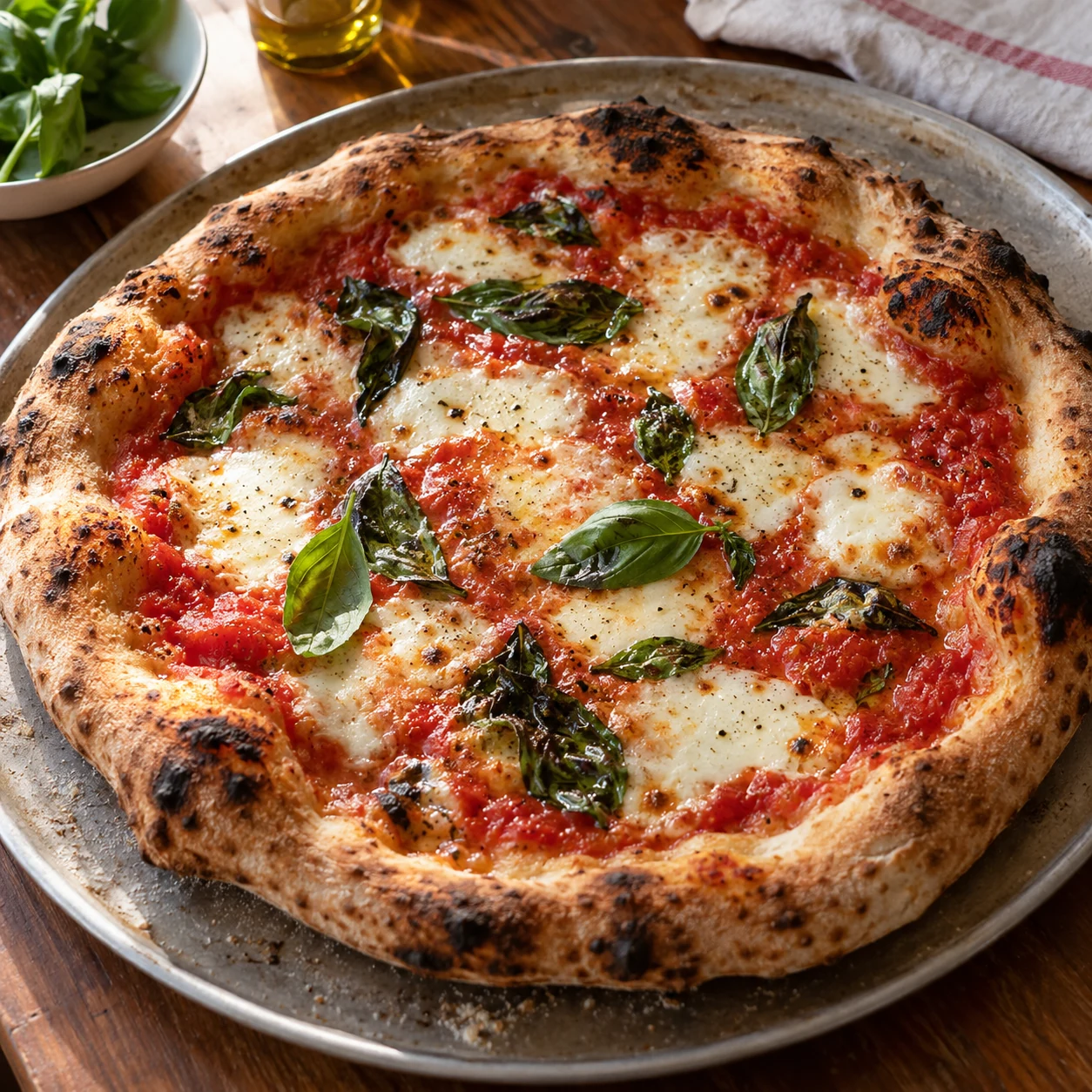 Tomato and mozzarella pizza with basil and a blistered crust