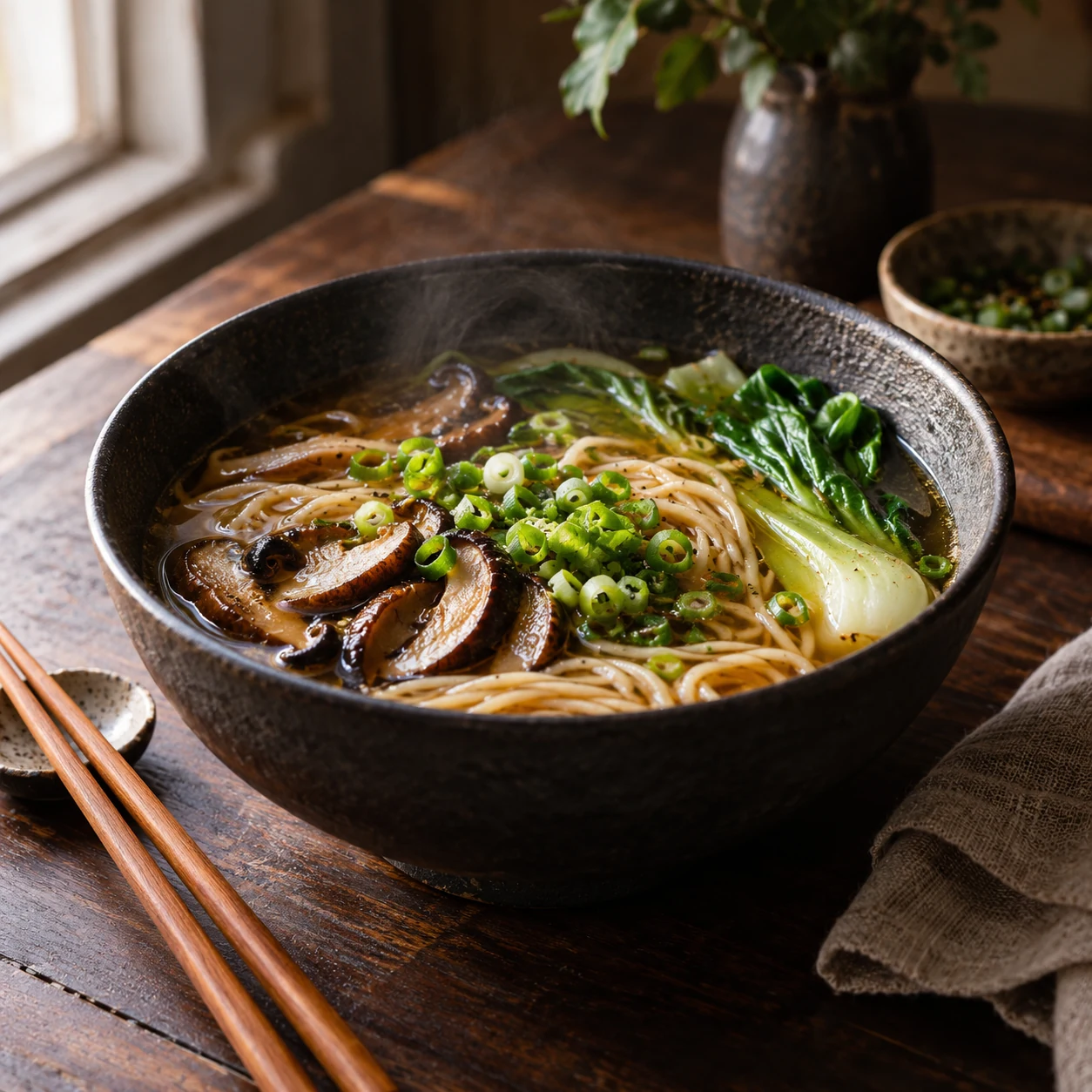 Mushroom noodle soup with bok choy and spring onions in a charcoal bowl