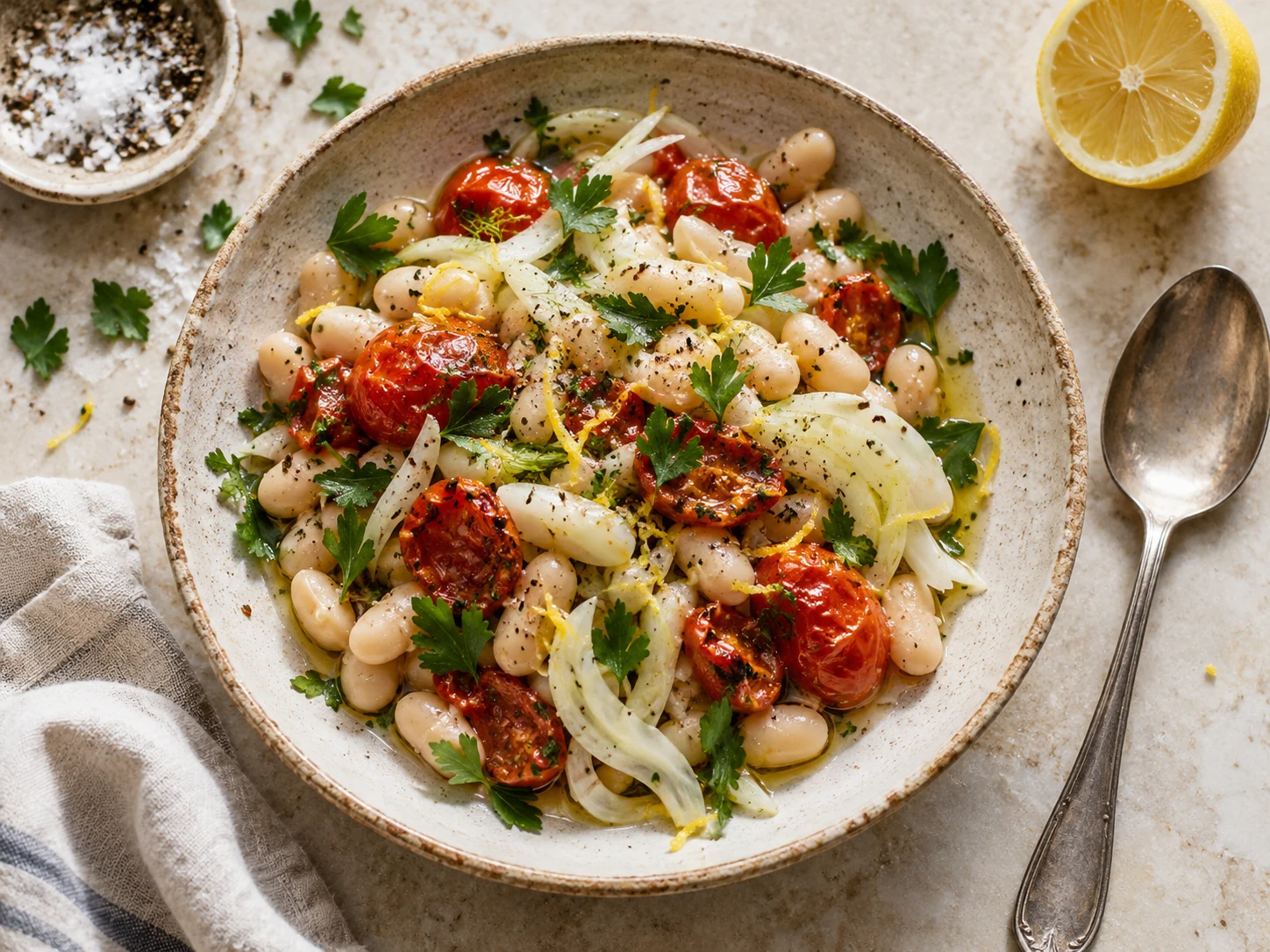White beans with roast tomatoes, fennel, parsley and lemon