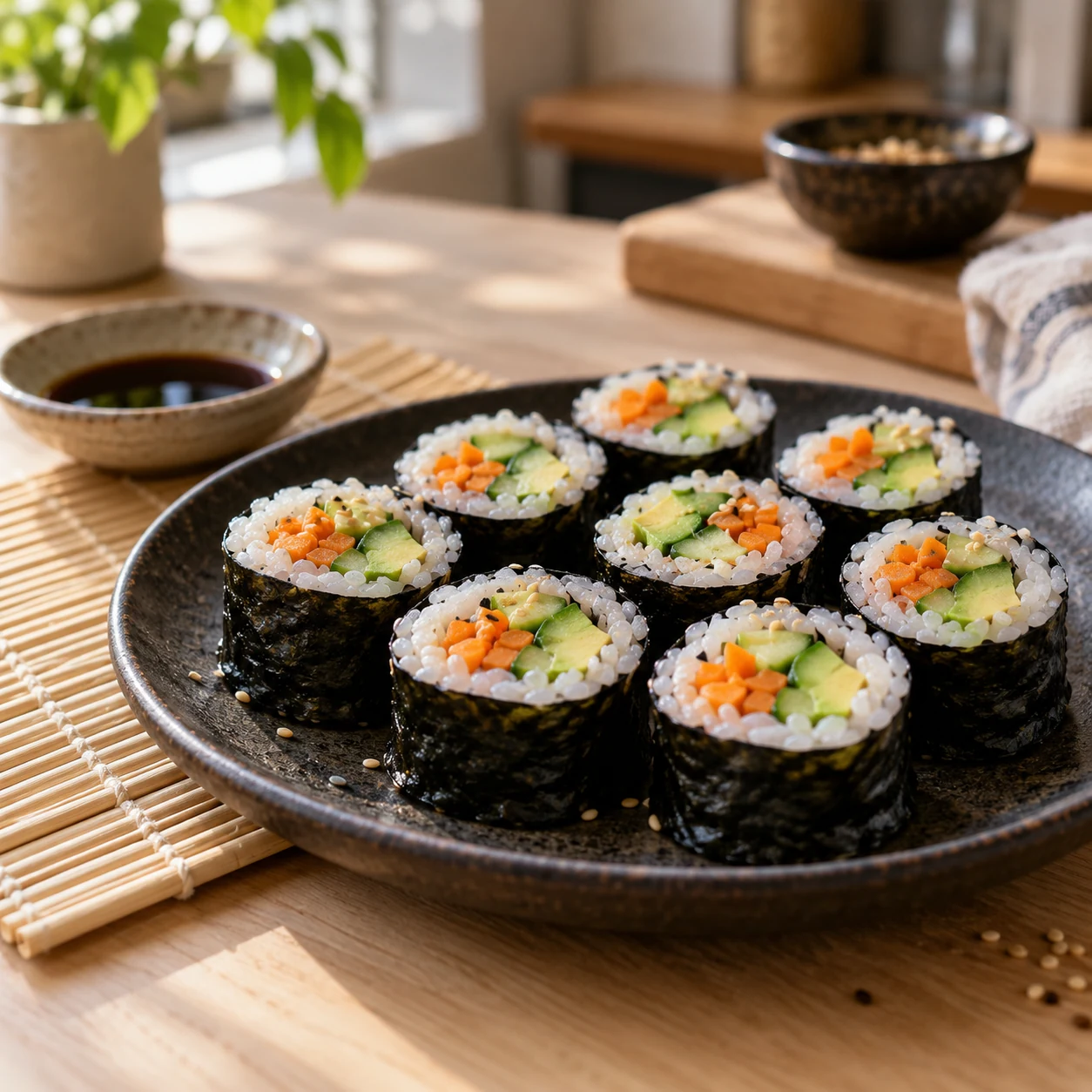 Vegetable maki rolls with cucumber, avocado and carrot on a dark ceramic platter