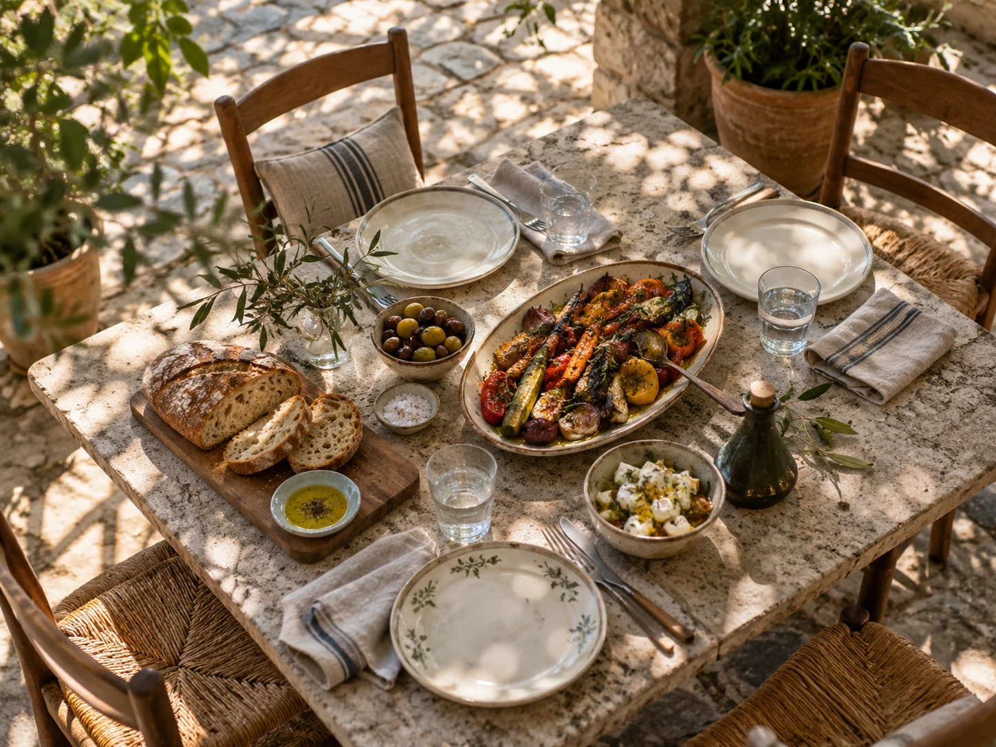 A terrace lunch table set with roast vegetables, bread and olives