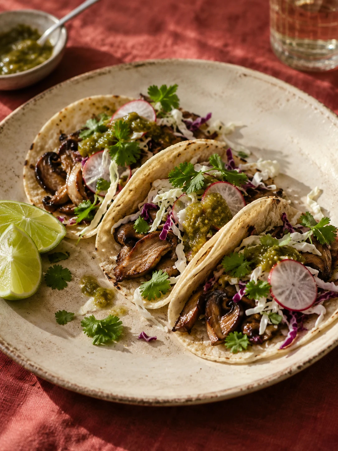 Mushroom tacos with cabbage, radish, coriander and green salsa