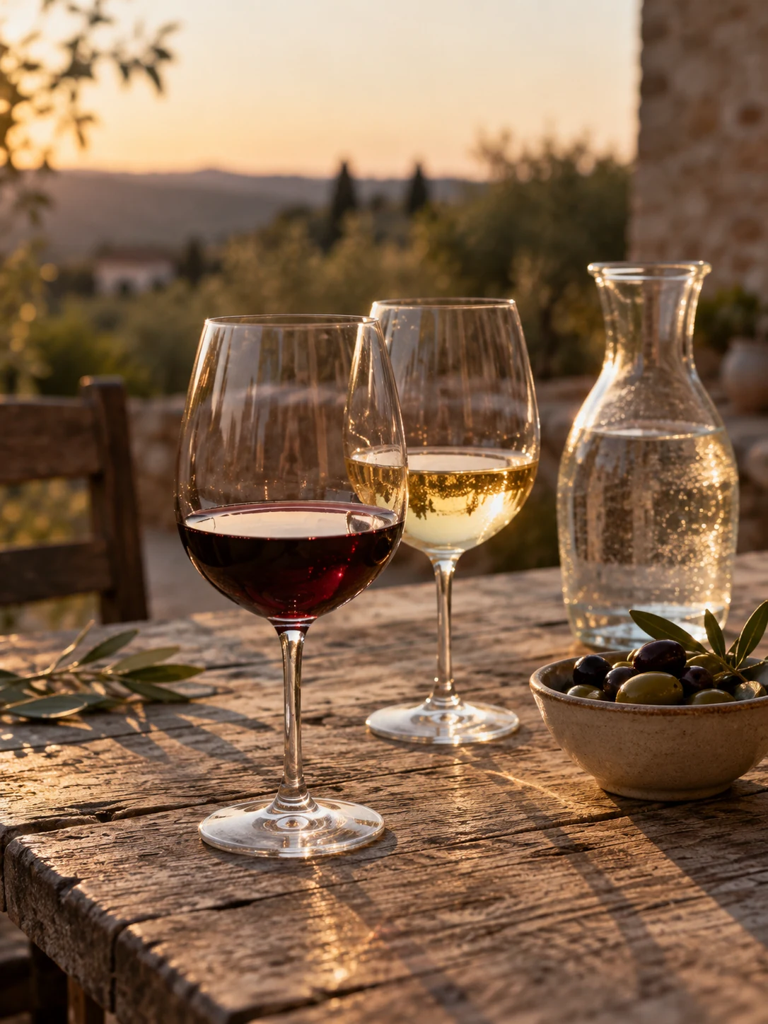 Glasses of red and white wine beside olives and a water carafe